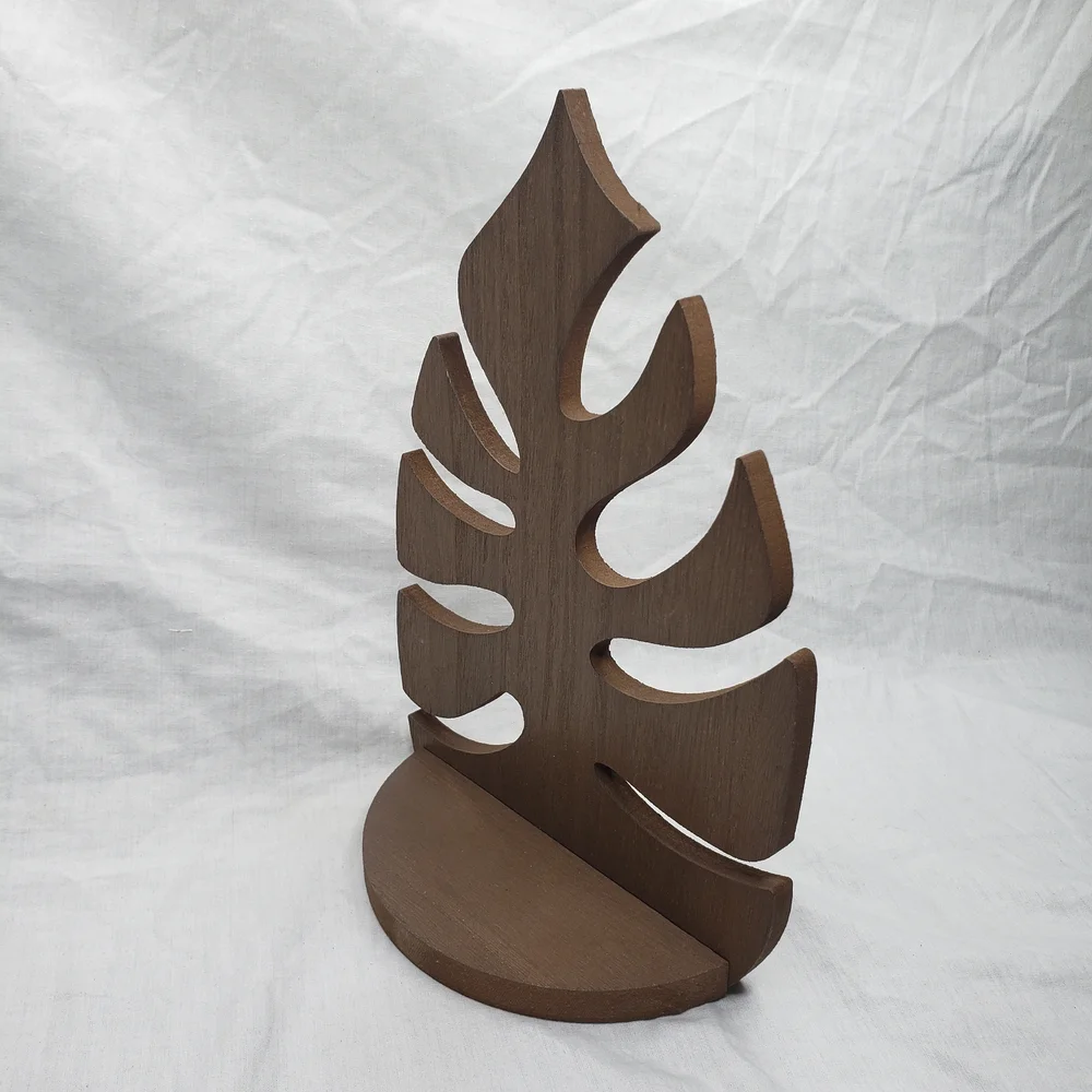 Wood Monstera Leaf Shelf With Blue Glass Vase